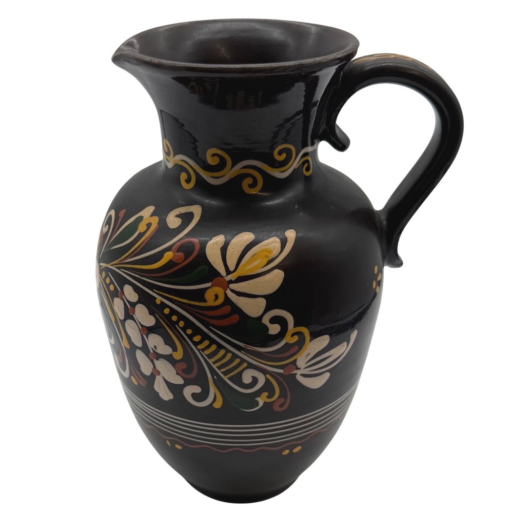 Vintage Hand Painted Ceramic Pitcher Floral Folk‎ Art Brown white orange decor